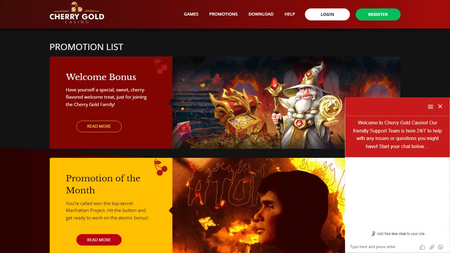 Cherry Gold Casino promotions screen on desktop