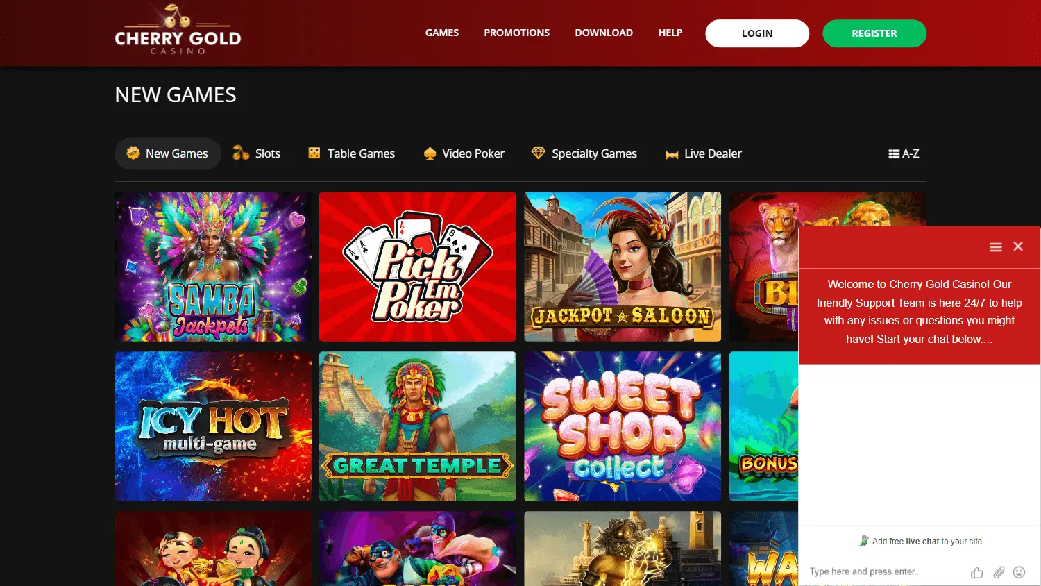 Cherry Gold Casino games screen on desktop